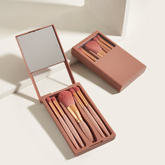 5 Pcs Makeup Brushes with Mirror Travel Set - Apricot 5 Pieces