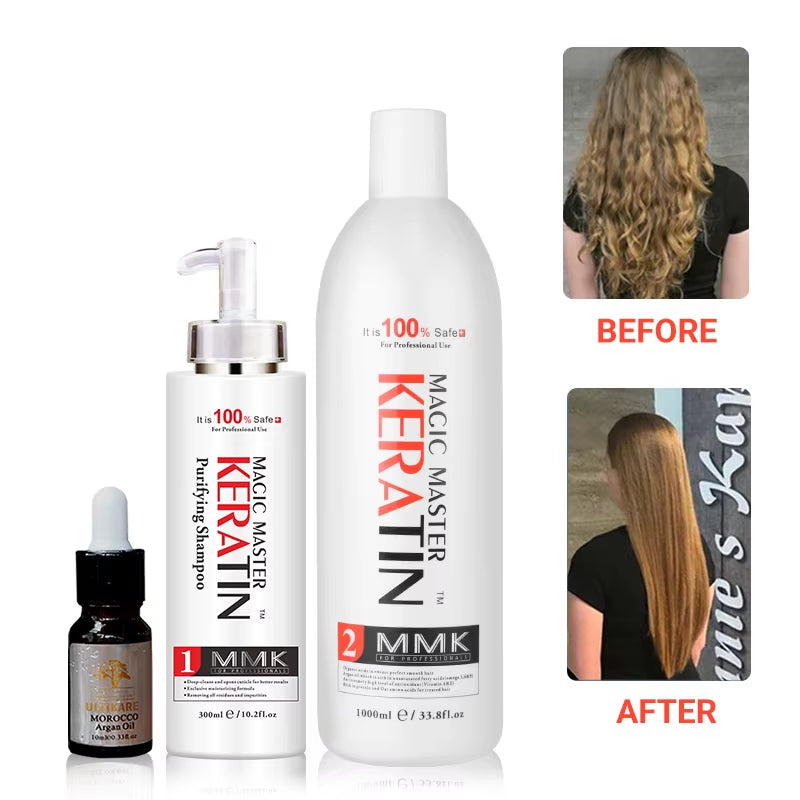 Magic Master Keratin Hair Treatment Set - 1000ml - Formalin-Free with Coconut Scent, Purifying Shampoo & Argan Oil