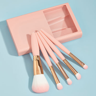 5 Pcs Makeup Brushes with Mirror Travel Set - Sky Blue 5 Pieces