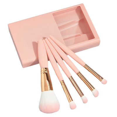 5 Pcs Makeup Brushes with Mirror Travel Set - Bean Pink 5 Pieces
