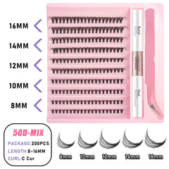 DIY Lash Clusters Set - Natural 5-16mm Individual Lashes with Bond & Seal for Effortless Extensions - Diy-50D-Mix