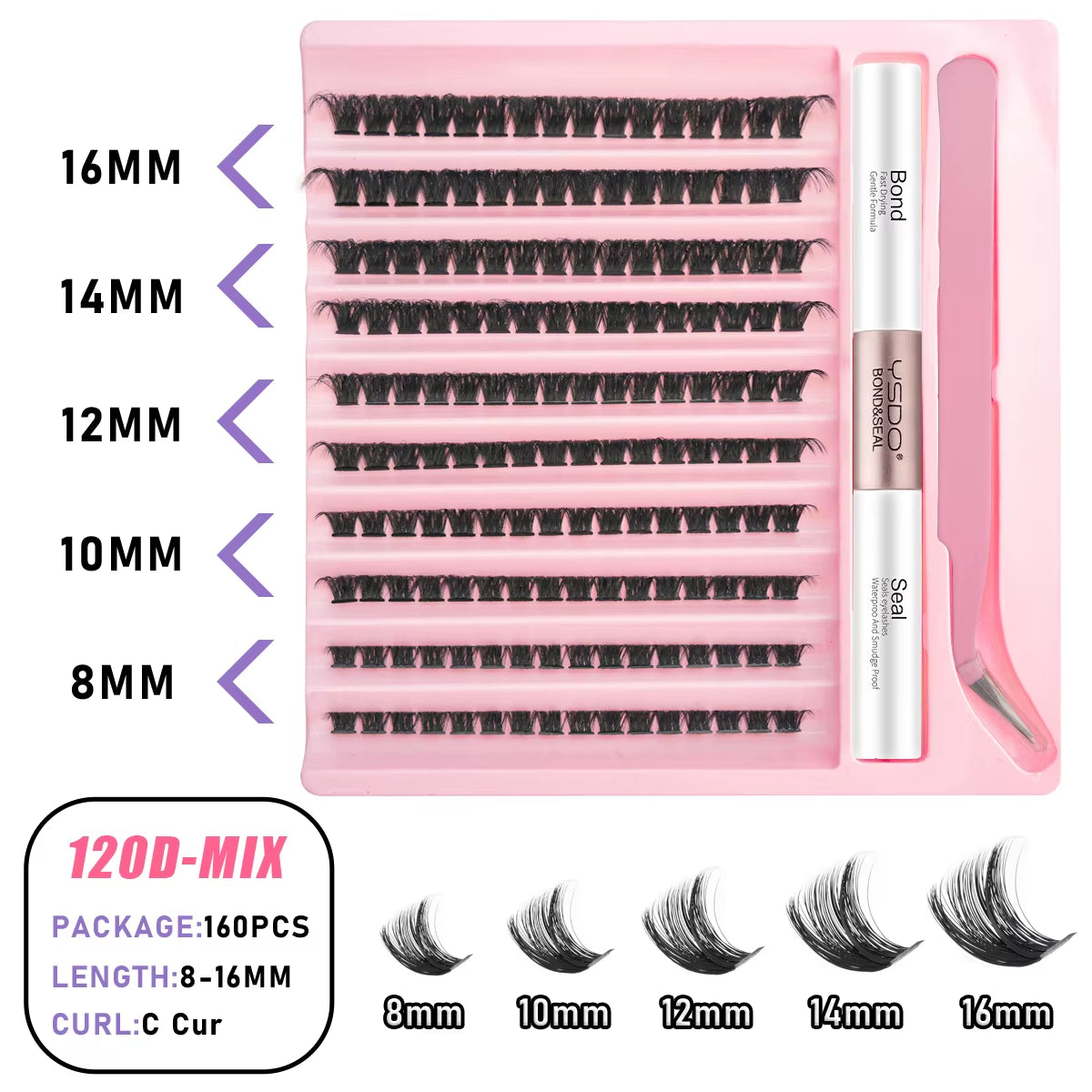 DIY Lash Clusters Set - Natural 5-16mm Individual Lashes with Bond & Seal for Effortless Extensions - Diy-120D-Mix