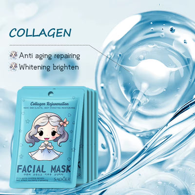 10Pcs SADOER Hyaluronic Acid Collagen Face Mask Facial Skincare Moisturizing Hydrating Facial Masks Korean Skin Care Cosmetics