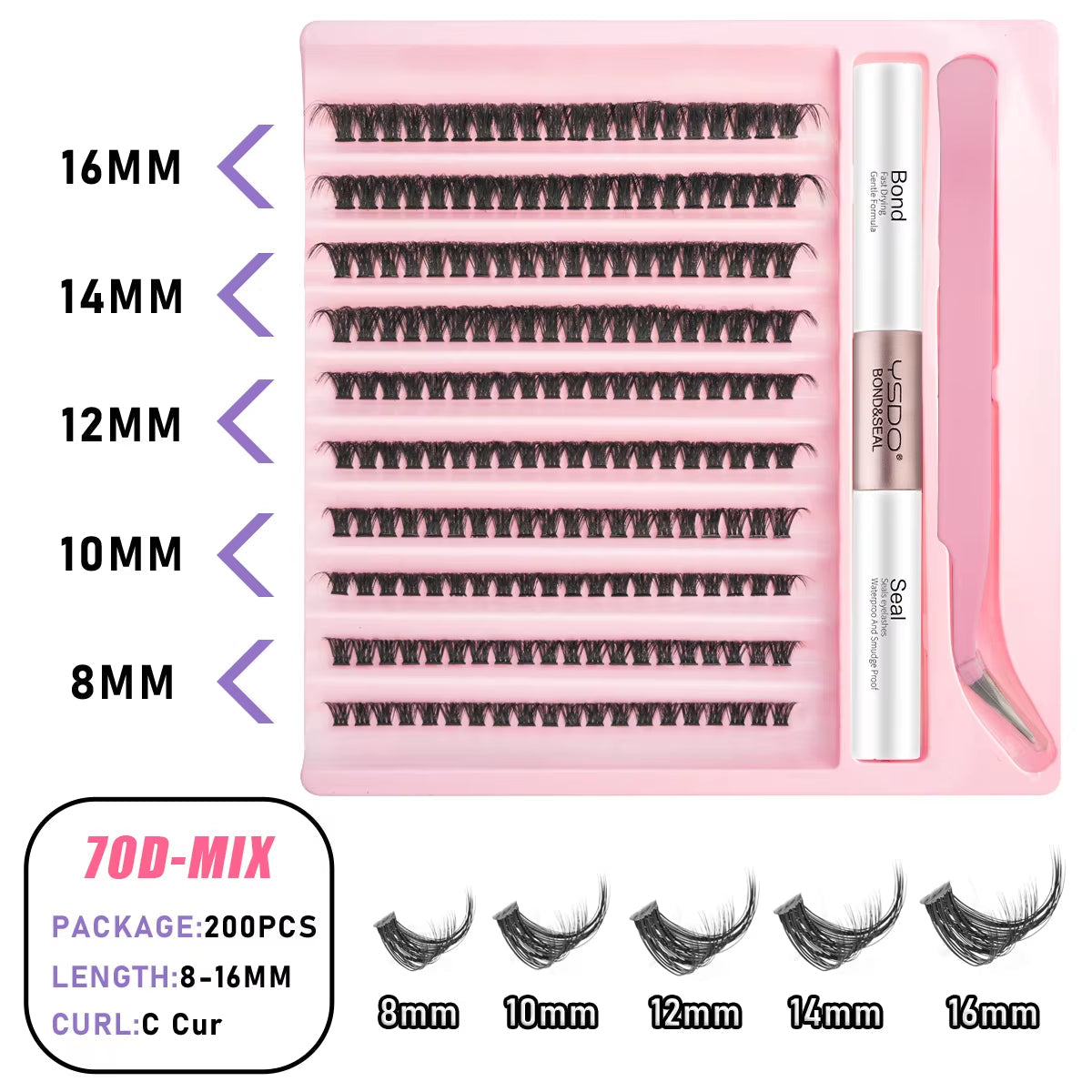 DIY Lash Clusters Set - Natural 5-16mm Individual Lashes with Bond & Seal for Effortless Extensions - Tz-Mix-No2