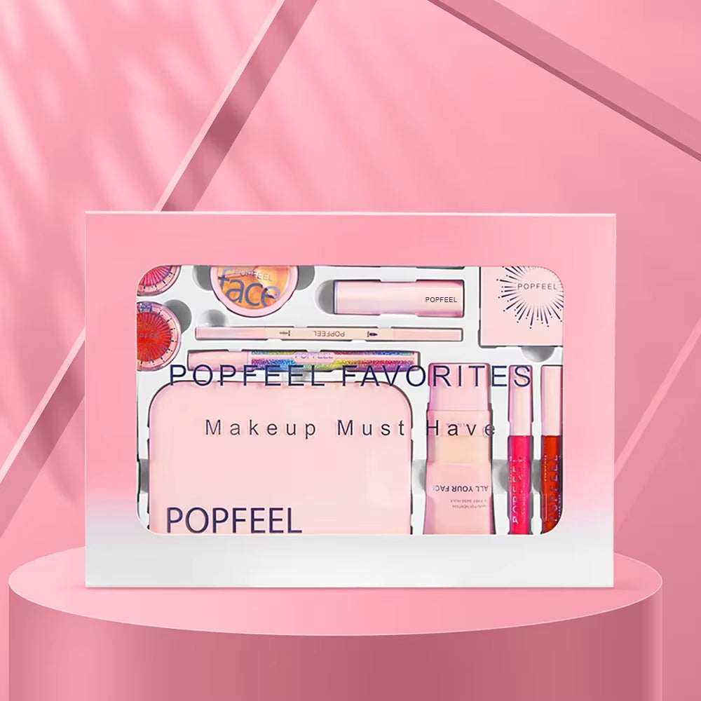 Ultimate Popfeel Makeup Kit: All-In-One Eyebrow, Eyeshadow, Eyeliner & Lip Gloss - Perfect Valentine's Day Gift for Her! - 4Pcs Set Brush