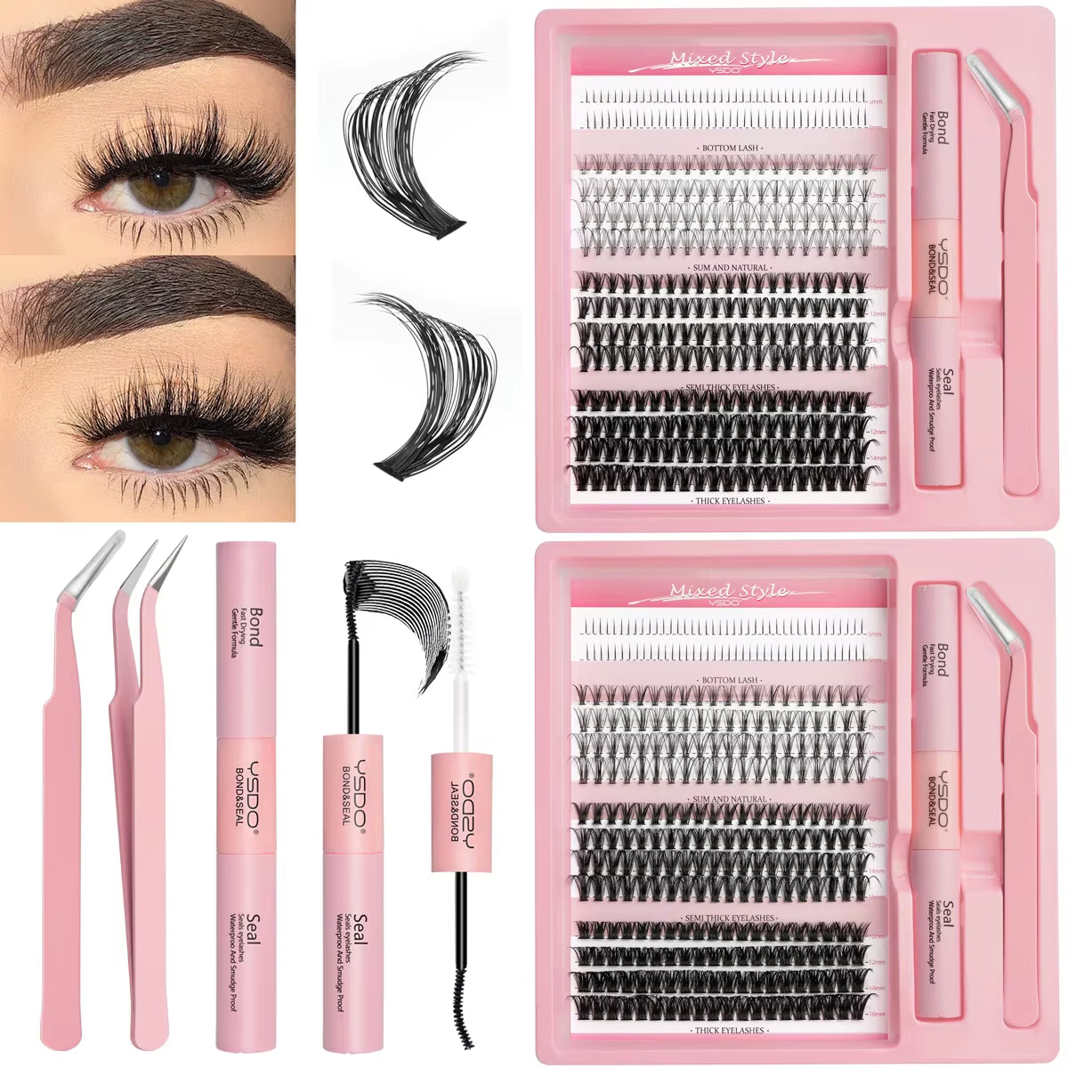 DIY Lash Clusters Set - Natural 5-16mm Individual Lashes with Bond & Seal for Effortless Extensions - Bond And Tweeze