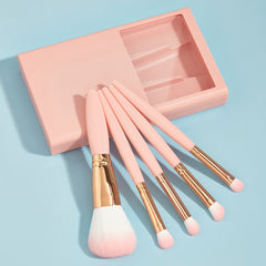 5 Pcs Makeup Brushes with Mirror Travel Set - Pink 5 Pieces