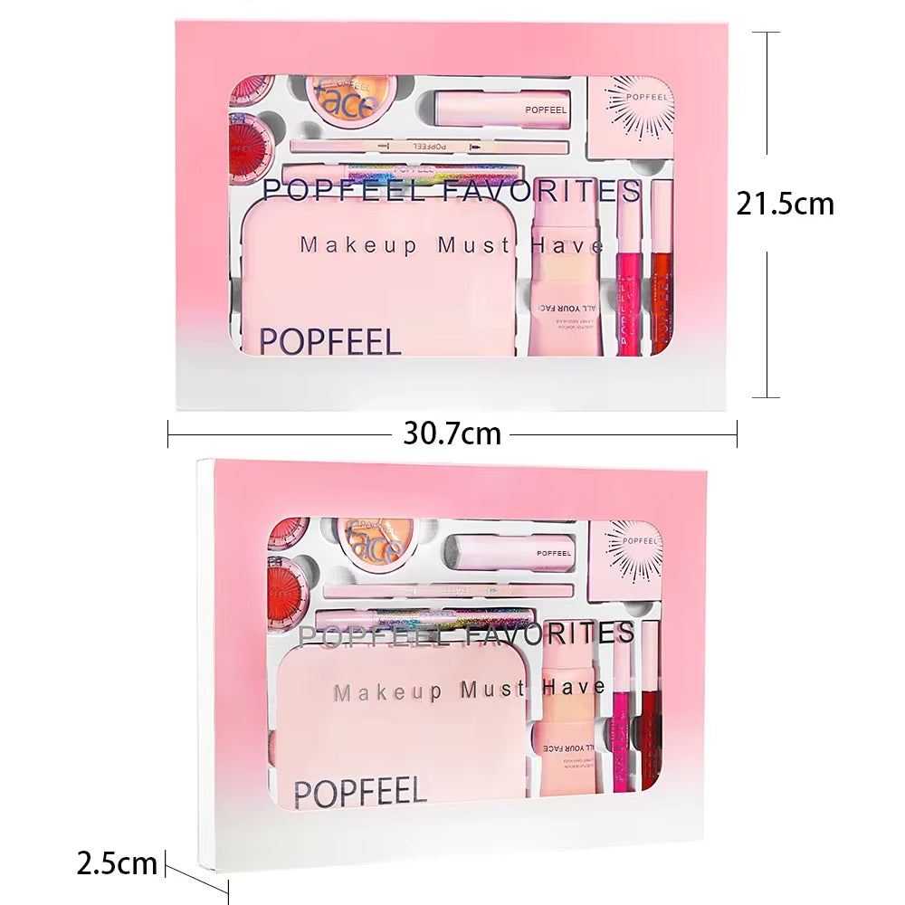 Ultimate Popfeel Makeup Kit: All-In-One Eyebrow, Eyeshadow, Eyeliner & Lip Gloss - Perfect Valentine's Day Gift for Her! - 4Pcs Set Brush