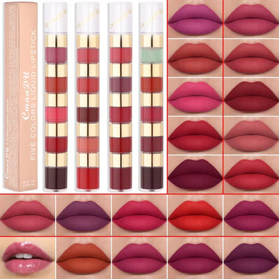 5 in 1 Matte Lipstick Velvet Sexy Red Lip Tint Long Lasting Non-Stick Cup Lip Gloss Set Lip Oil Female Makeup Women Cosmetic Kit