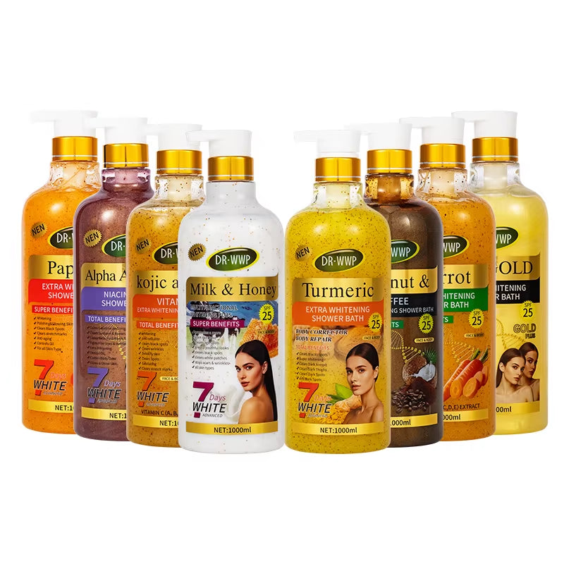 Luxurious 1000ml 24K Gold Turmeric Papaya Shower Scrub Gel - Herbal Whitening, Deep Cleaning & Long-Lasting Fragrance! - Kojic Acid / Whitening / 1000Ml