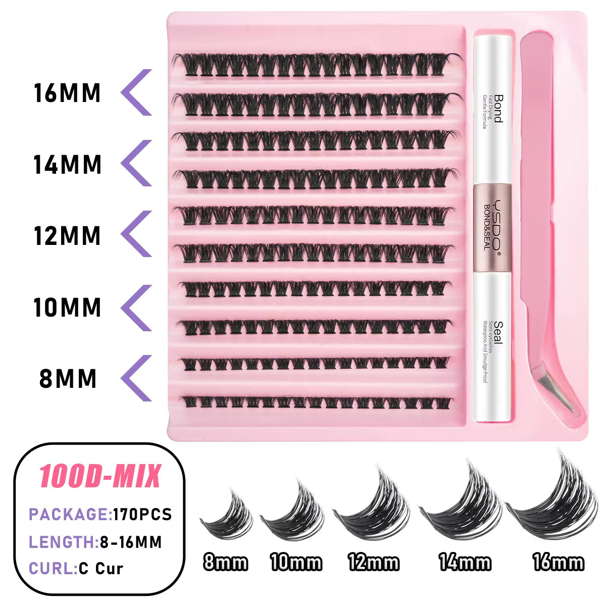 DIY Lash Clusters Set - Natural 5-16mm Individual Lashes with Bond & Seal for Effortless Extensions - Diy-50D-Mix