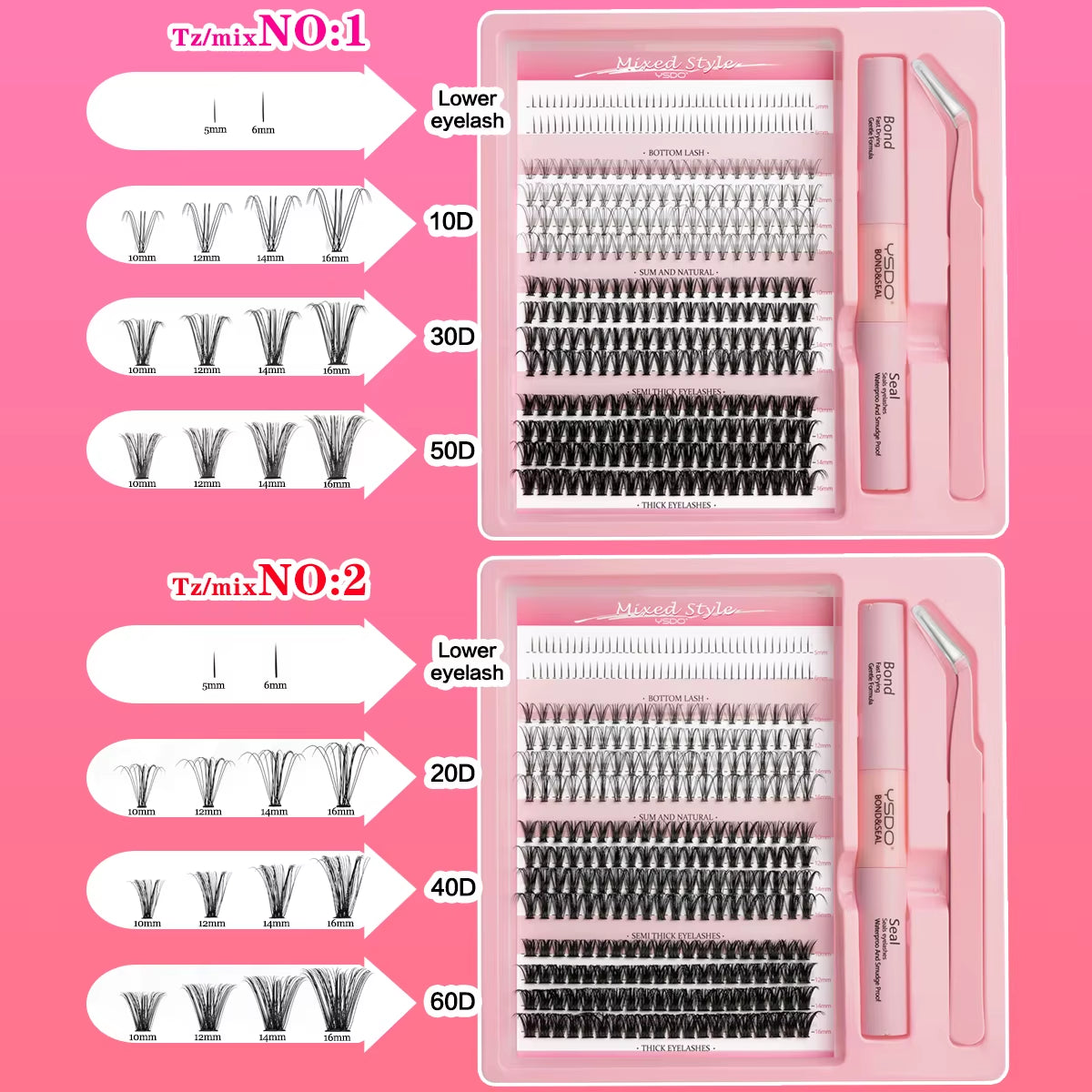 DIY Lash Clusters Set - Natural 5-16mm Individual Lashes with Bond & Seal for Effortless Extensions - Diy-70D-Mix